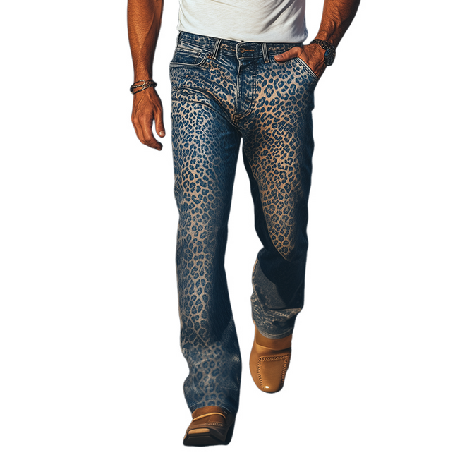 Men's Fashion | Spring Summer Retro Western Style Washed Denim Leopard Print Pants | Vintage Cowboy Look | Casual Straight-Leg Jeans | Breathable Fabric | Bold Leopard Print | MTA1337E1K