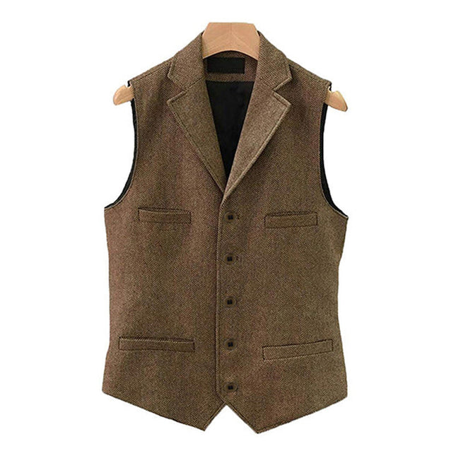 Men's Wool Blend Vest | Vintage Style | Single Breasted with Lapel | Slim Fit | Charcoal Navy Herringbone Patterns | Smart Casual Formal Wear | Adjustable Back | Functional Pockets | Year-Round Outerwear