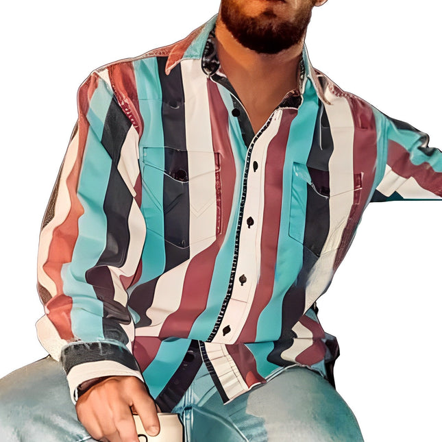 Men's Retro Long Sleeve Shirt | Color Block Stripes | Loose Fit | Casual Fashion | Button-Up | Classic Collar | Breathable Comfort | Versatile Style | Quality Fabric | Statement Piece