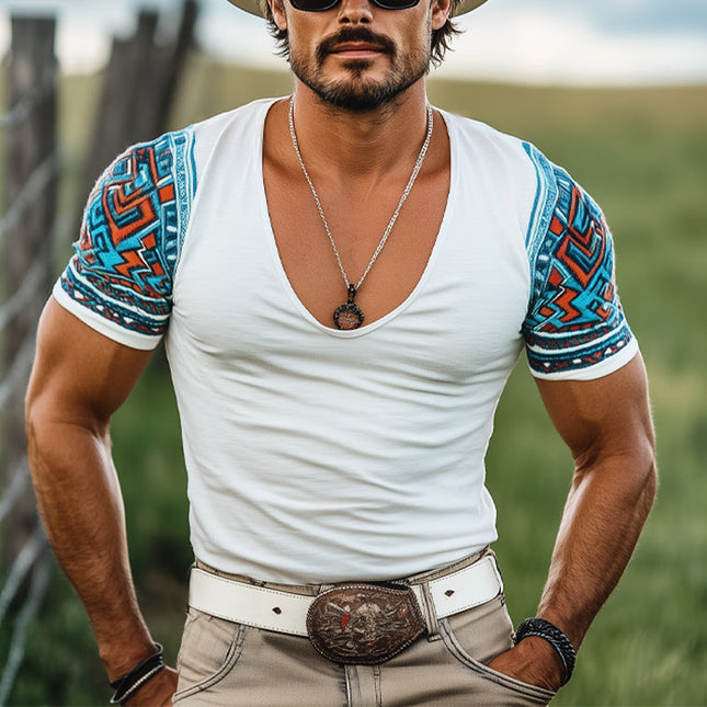 Men's Fashion T-Shirt | Deep V Neck | Printed Short Sleeve | Comfortable Cotton Blend | Stylish Casual Top | Versatile Everyday Wear | Regular Fit | Breathable Fabric | Ideal for Summer