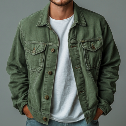 Men's Denim Jacket | Casual Outdoor Wear | Washed Vintage Look | Lapel Collar | Single-Breasted | Loose Fit | Ideal for Layering | Durable Fabric | Versatile Styling | Perfect for Transitional Weather