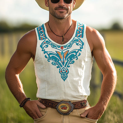 Men's Western Style Tank Top | Vintage Embroidered Cotton Blend | Cowboy Aesthetic | Relaxed Fit Scoop Neck | Breathable Sleeveless Design | Casual Summer Clothing | Versatile with Jeans or Shorts