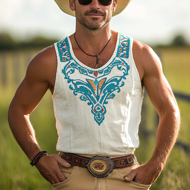 Men's Western Style Tank Top | Vintage Embroidered Cotton Blend | Cowboy Aesthetic | Relaxed Fit Scoop Neck | Breathable Sleeveless Design | Casual Summer Clothing | Versatile with Jeans or Shorts