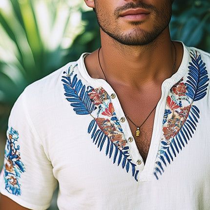 Men's V-Neck T-Shirt | Exquisite Embroidery | Short Sleeve | Soft Cotton Blend | Summer Casual Wear | Elegant Design | Breathable Fabric | Comfortable Fit | Sizes S to 3XL | Refined Detailing