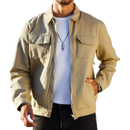 Men's Vintage Khaki Jacket | Solid Color | Zip-Up Front | Lapel Collar | Cotton Blend | Long Sleeve | Buttoned Cuffs | Multiple Pockets | Versatile Outerwear | Durable & Comfortable | Classic Style