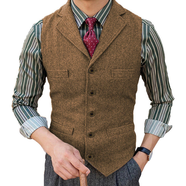 Men's Wool Blend Vest | Vintage Style | Single Breasted with Lapel | Slim Fit | Charcoal Navy Herringbone Patterns | Smart Casual Formal Wear | Adjustable Back | Functional Pockets | Year-Round Outerwear