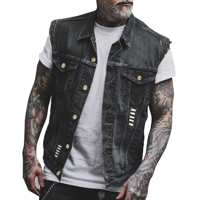 Men's Vintage Lapel Denim Vest | Casual Retro Style | Washed Distressed Design | Premium Soft Fabric | Button Closure | Black Color | Chest Pockets | Four Season Suitable | Comfortable Everyday Outerwear
