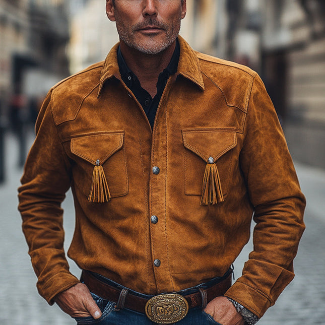 Men's Retro Tassel Suede Shirt | Long Sleeve | Classic Fit | Vintage Style | Bohemian Details | Warm & Elegant | Suede Texture | Button Closure | Versatile Fashion | Sizes S-3XL | Spring & Autumn Wardrobe