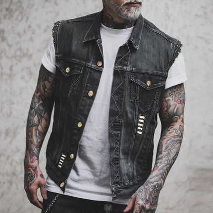 Men's Vintage Lapel Denim Vest | Casual Retro Style | Washed Distressed Design | Premium Soft Fabric | Button Closure | Black Color | Chest Pockets | Four Season Suitable | Comfortable Everyday Outerwear