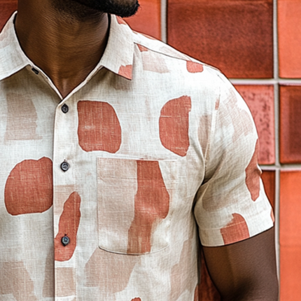 Men's Retro Linen Shirt | Geometric Contrast Print | Short Sleeve | Lapel Collar | Casual Style | Breathable | Summer Essentials | Lightweight Comfort | Versatile Outfit | Multiple Sizes Available