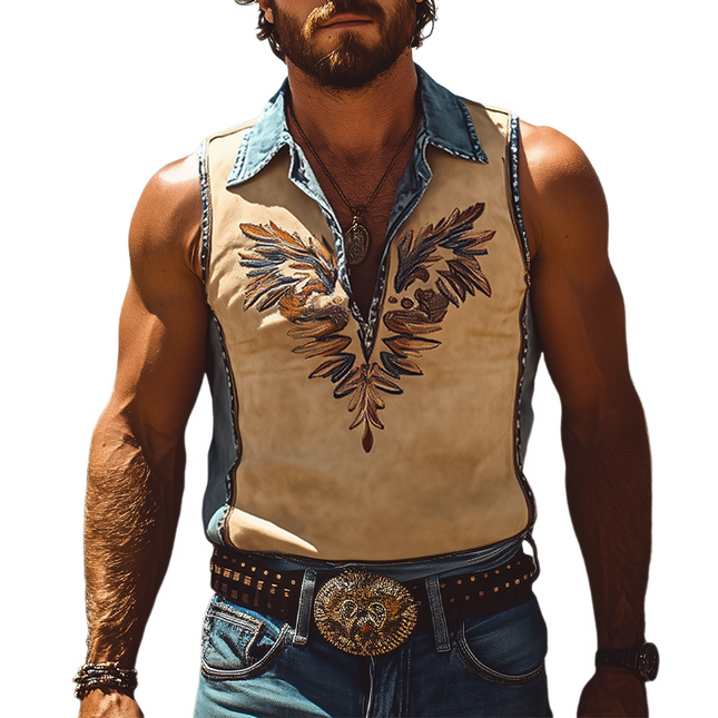 Men's Retro Western Cowboy Tank Top | Denim Stitching | Suede Embroidered | Sleeveless | Summer Fashion | Lightweight | High-Quality | Casual Outdoor Wear | Breathable Fabric | Versatile Styling Options