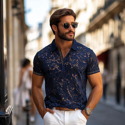 Men's Polo Shirt | Lace Lapel | Short Sleeve | Casual Fashion | Breathable Fabric | Stylish Regular Fit | Button Placket | Elegant Lace Trim | Ideal for Casual Outings | Versatile Weekend Wear
