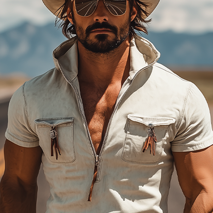 Men's Retro Western Cowboy Style T-Shirt | Suede Hooded Deep V-Neck | Zipper Pockets & Tassel Detailing | Short Sleeve Casual Top | Spring & Summer Fashion