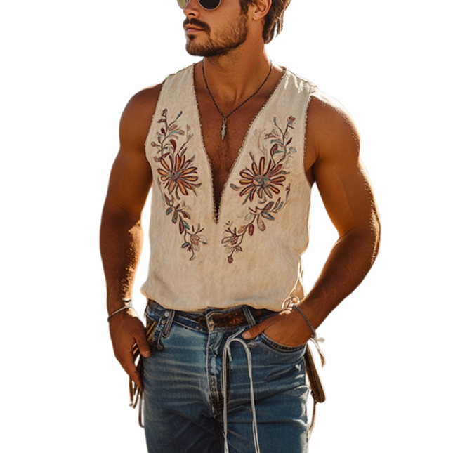 Men's Western Suede Tank Top | Cowboy Style | Embroidered Deep V Neck | High-Quality Material | Versatile Casual Wear | Unique Western Design | Durable and Stylish | Iconic American Fashion
