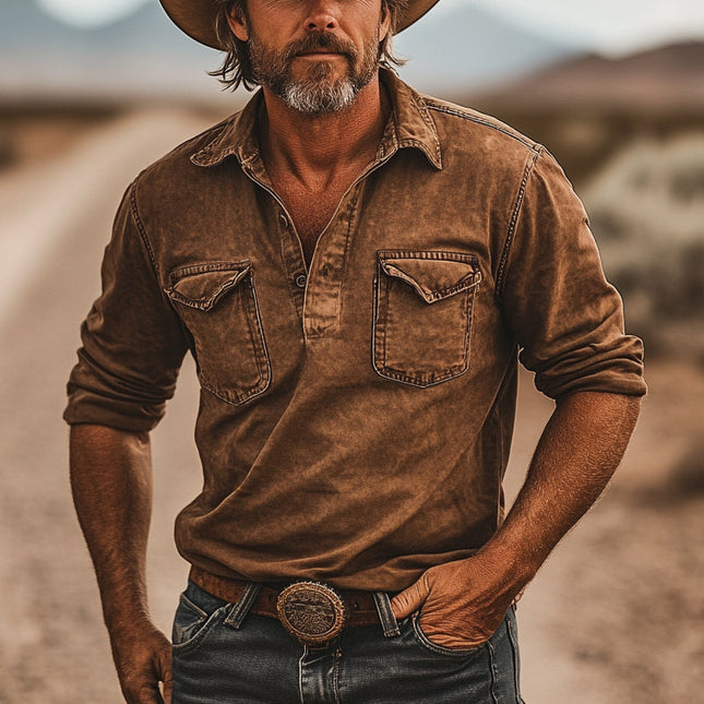 Men's Denim Shirt | Western Cowboy Style | Long Sleeve Pullover | Durable & Breathable Fabric | Stitched Detailing | Versatile & Stylish | M
