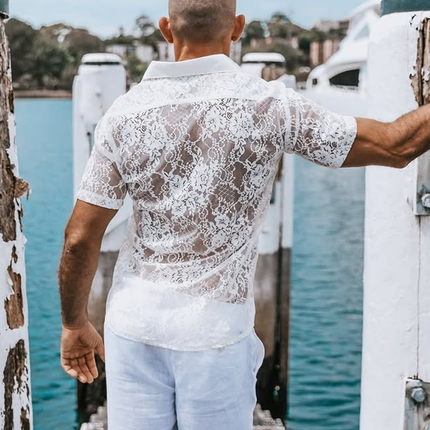 Men's Casual Shirt | Solid Color | Lace Lapel Detail | Short Sleeve | Single Breasted | Comfortable Breathable Fabric | Relaxed Fit | Stylish & Chic | Perfect for Casual & Semi-Formal Events