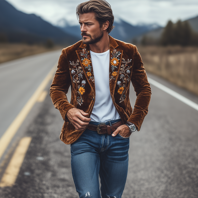 Men's Velvet Blazer | Classic Retro Slim Fit | Single Breasted | Embroidered Design | Elegant Outerwear | Formal & Stylish Events | Luxurious Craftsmanship | Sophisticated Garment | Versatile Fashion Piece