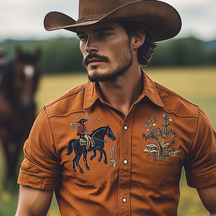 Men's Vintage Western Shirt | Embroidered Short Sleeve | Classic Fit | Premium Fabric | Elegant Detailing | Casual Outdoor Style | Western Aesthetic | Tailored Comfort | Versatile Wardrobe Essential