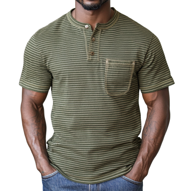 Men's Premium Cotton Striped Henley Collar T-Shirt | Slim Fit Short Sleeve | Patch Pocket | Casual Stylish Top