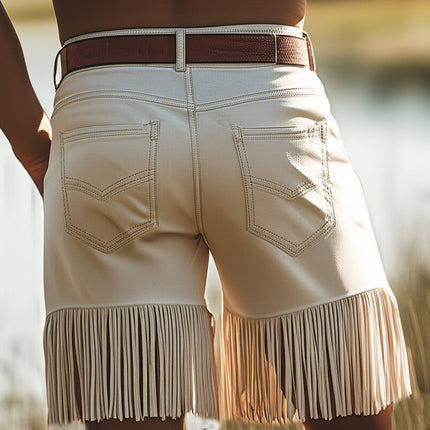 Men's Vintage Western Cowboy Shorts | Denim Fringe Detailing | Rugged Style | Casual Fit | Soft Durable Fabric | Mid-rise Waist | S-3XL Sizes | Festival and Summer Wear | Timeless Design | No Belt Included