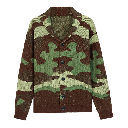 Men's Camo Jacquard Sweater Jacket | Button-Up Lapel Collar | Loose Fit | Long Sleeves | Knitted Fabric | Camouflage Pattern | Spring Autumn Winter Wardrobe Essential