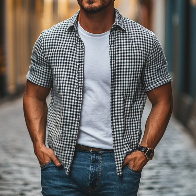 Men's Vintage Plaid Shirt | Cotton Fabric | Loose Fit | Lapel Collar | Short Sleeves | Breathable & Comfortable | Retro Style | Casual Wear | Easy Care | Versatile | Ideal for Warm Weather | Multiple Sizes