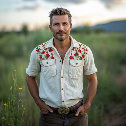 Men's Cotton Floral Embroidery Shirt | Short Sleeve Dress Shirt | Lightweight Summer Top | Sophisticated Casual Style | Classic Collar | Breathable Fabric | Available in Sizes S-3XL | Ideal for Warm Weather