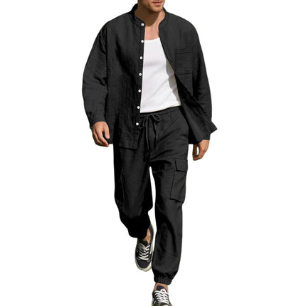 Men's Cotton Linen Long-Sleeve Shirt Trousers Set | Casual Breathable Outfit | Neutral Tone Options | Comfortable Fit for Everyday Wear