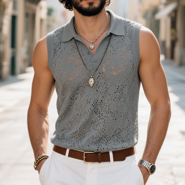 Men's Lace Lapel Sleeveless Tank Top | Casual Wear | Soft Breathable Fabric | Stylish Design | Comfortable Fit | Elegant Lace Detailing | Perfect for Warm Days | Fashionable Men's Top