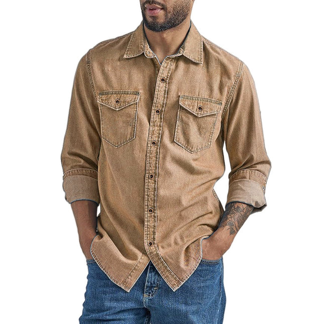 Men's Vintage Denim Shirt | Long Sleeve | Solid Color | Loose Fit | Casual Button-Down | Classic Collar | Durable Fabric | Versatile Wardrobe Staple