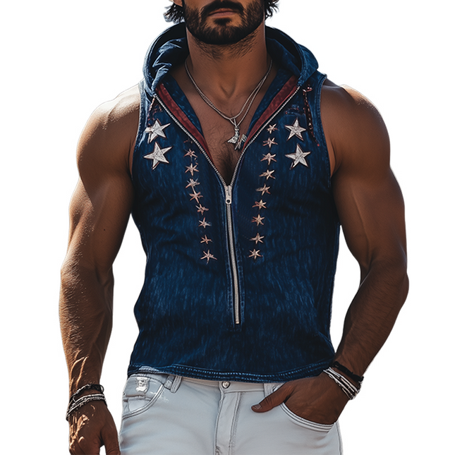 Men's Denim Hooded Tank Top | Western Cowboy Style | Spring & Summer Fashion | Embroidered Deep V Neck | Slim Fit & Zipper | Sleeveless Casual Retro Top
