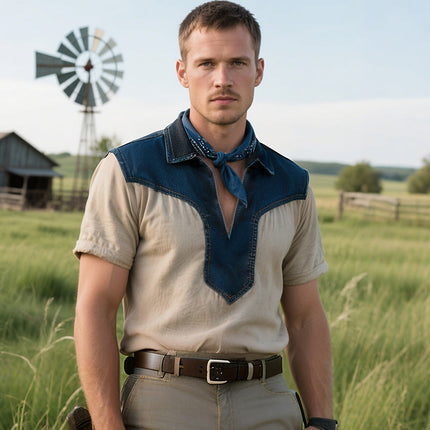 Men's Retro Western Style Denim Shirt | Casual Cowboy Lapel | Short Sleeve | Durable Breathable Fabric | Versatile Spring Summer Fall Top | Available in Sizes S to 3XL | Classic Vintage Charm