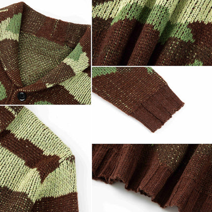Men's Camo Jacquard Sweater Jacket | Button-Up Lapel Collar | Loose Fit | Long Sleeves | Knitted Fabric | Camouflage Pattern | Spring Autumn Winter Wardrobe Essential