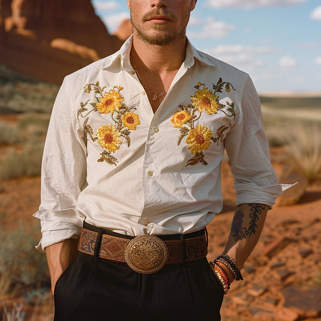 Men's Long Sleeve Floral Embroidery Shirt | Casual Dress Shirt | Pointed Collar | Breathable Fabric | Stylish Everyday Wear | Versatile Casual & Semi-Formal Shirt | Unique Floral Elegance | Sizes Available