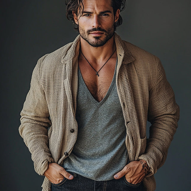 Men's Jacket | Waffle Texture | Lapel Collar | Front Pockets | Long Sleeve | Casual Style | Lightweight Warmth | Breathable Fabric | Machine Washable | Comfortable Fit | Outerwear for Cooler Weather