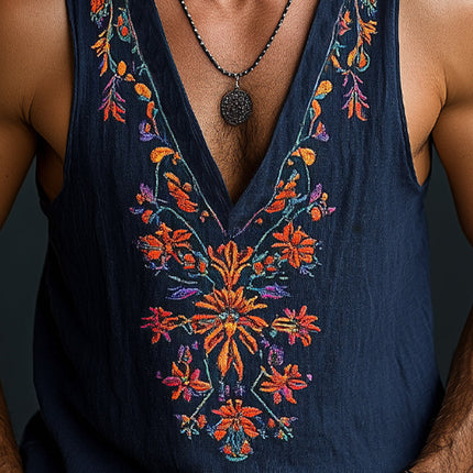 Men's Cotton Linen Tank Top | Deep V-Neck | Vintage Floral Embroidery | Sleeveless | Breathable Summer Wear | Casual Beach Festivals | Machine Washable | Sizes S-3XL