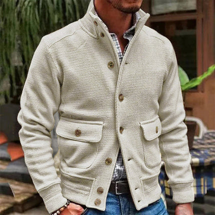 Men's Stand Collar Polyester Jacket | Solid Color | Single-breasted | Two Flap Waist Pockets | Machine Washable | Autumn Winter Spring | Street Beat Casual Biker Style
