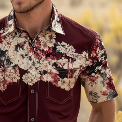 Men's Floral Print Western Cowboy Shirt | Retro Style | Short Sleeve | Lapel Collar | Cotton Blend | Casual Everyday Wear | Vintage Inspired | Perfect for Spring and Summer | Multiple Sizes Available