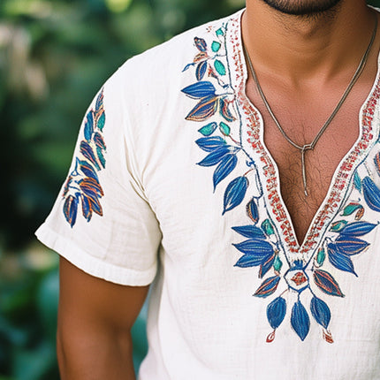Men's V-Neck T-Shirt | Retro Blue Leaf Embroidery | Short Sleeve | Cotton Blend | Casual Wear | Vintage Aesthetic | Modern Fit | Comfortable Breathable Design