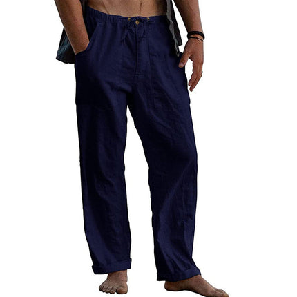 Men's Cotton Linen Pants | Casual Solid Color | Breathable Lightweight Fabric | Elastic Waistband with Drawstring | Relaxed Fit | Functional Pockets | Easy Care | Versatile Everyday Wardrobe Essential