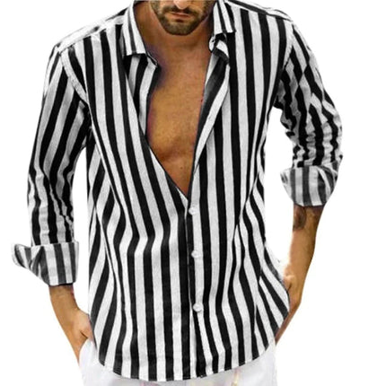Men's Relaxed Fit Long Sleeve Striped Lapel Shirt | Classic Lapel | Everyday Leisure | Autumn Spring Wear | Machine Washable | Versatile Work & Play Shirt | Soft Durable Material | Button Down Front