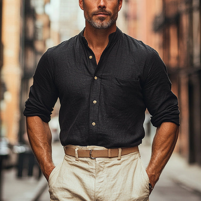 Men's Casual Shirt | Solid Color | Cotton Linen Blend | Stand Collar | Tailored Fit | Breathable | Versatile Wardrobe Essential | Elegant and Comfortable | Suitable for All Seasons | Fashionable Design