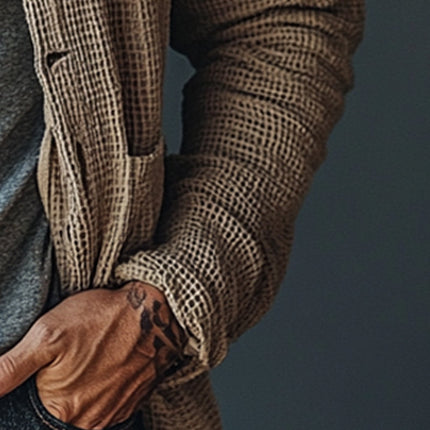 Men's Jacket | Waffle Texture | Lapel Collar | Front Pockets | Long Sleeve | Casual Style | Lightweight Warmth | Breathable Fabric | Machine Washable | Comfortable Fit | Outerwear for Cooler Weather