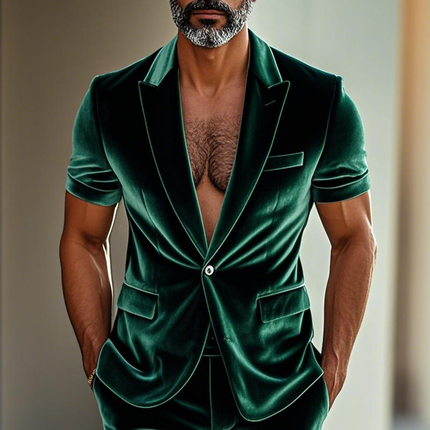 Men's Velvet Blazer Shorts Set | Peak Lapel Short Sleeve | Two Button Closure | Summer Fashion Outfit | Slim Fit | Soft Luxurious Material | Perfect for Parties & Semi-Formal Events