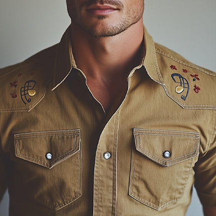 Men's Cowboy Embroidered Denim Shirt | Western Style Short Sleeve | Classic Spread Collar | Exquisite Motifs | Casual Button Down | Rugged American Charm | Versatile Everyday Wear | Size S-3XL