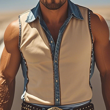 Men's Slim Fit Sleeveless Shirt | Spring & Summer Fashion | Western Cowboy Style | Thin Suede Tencel Denim | Casual Breathable Top | Unique Stitching | Comfortable & Stylish