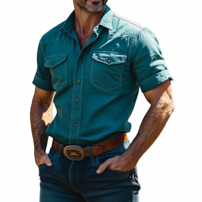 Men's Vintage Washed Denim Shirt | Western Cowboy Style | Slim Fit | Short Sleeve | Classic Lapel Collar | High-Quality Fabric | Casual & Stylish | Summer Wardrobe Essential | Comfortable & Durable
