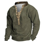 Men's Long Sleeve Vintage Style T-Shirt | Cotton Blend | V-Neck | Button Design | Loose Fit | Pullover | Suitable for Work & Outdoor Activities | Available in Army Green, Gray, Tan | Machine Washable
