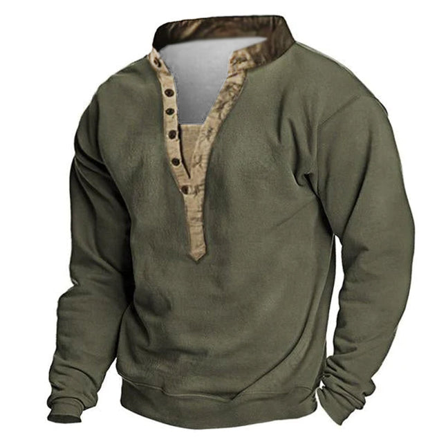 Men's Long Sleeve Vintage Style T-Shirt | Cotton Blend | V-Neck | Button Design | Loose Fit | Pullover | Suitable for Work & Outdoor Activities | Available in Army Green, Gray, Tan | Machine Washable