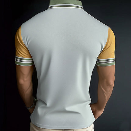 Men's Polo Shirt | Summer Business | Textured Fabric | Color Block Design | Cotton-Polyester Blend | Short Sleeve | Button-Up Collar | Modern Fit | Sizes S-3XL